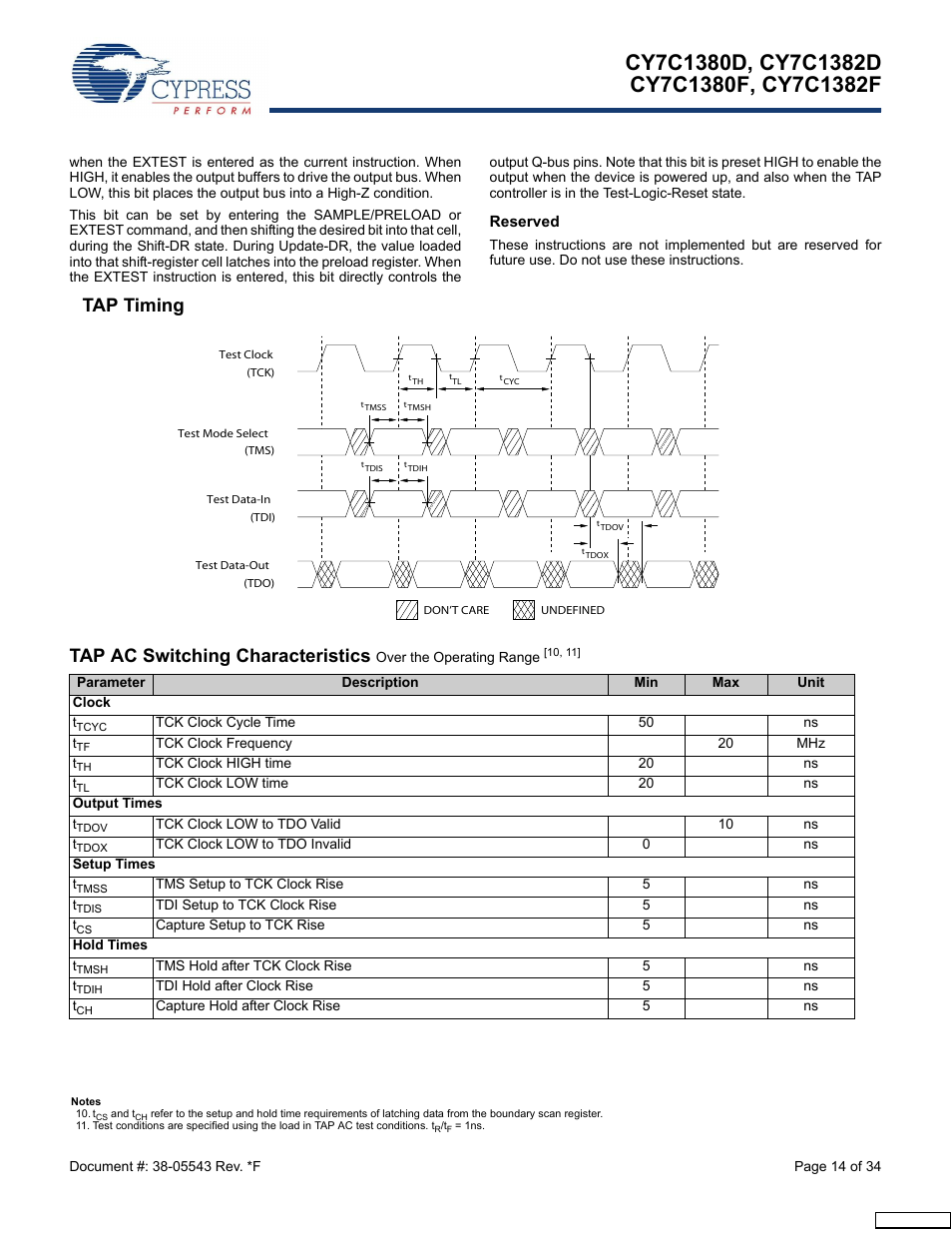 Reserved, Tap timing, Tap timing tap ac switching characteristics | Cypress Perform CY7C1380F User Manual | Page 14 / 34