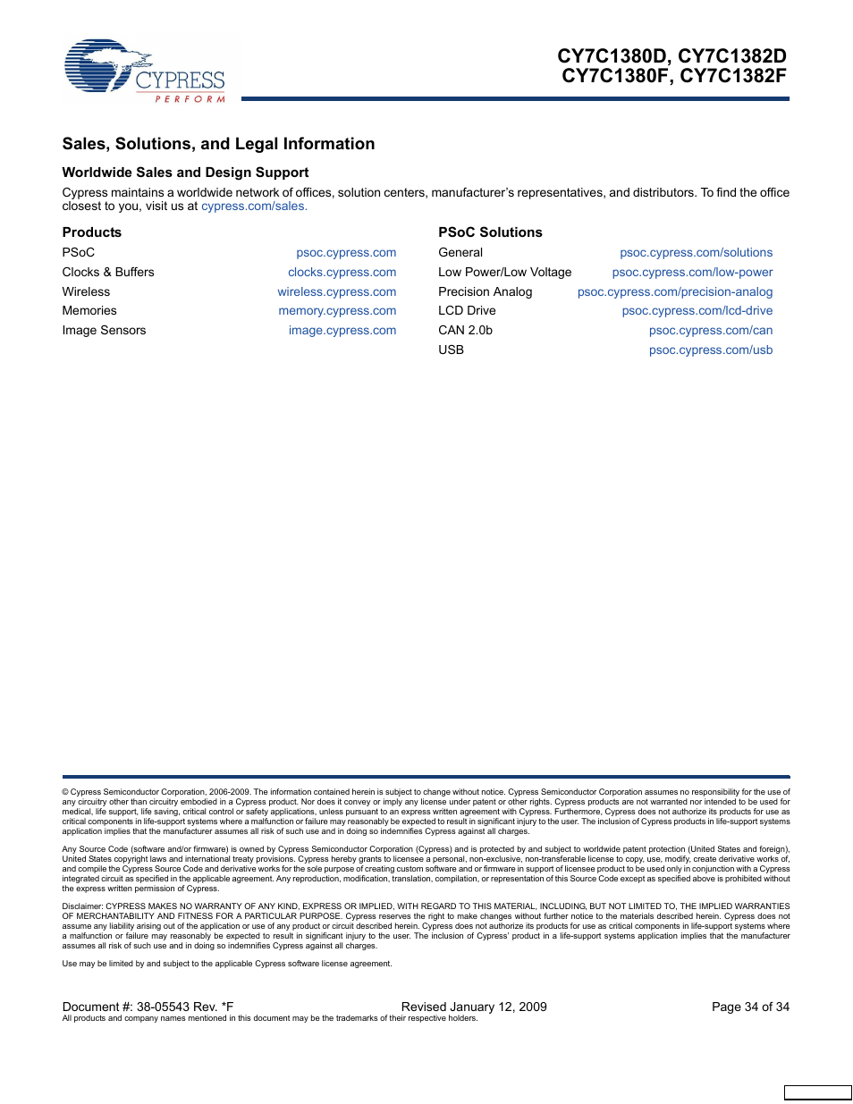 Sales, solutions, and legal information, Worldwide sales and design support, Products | Psoc solutions | Cypress Perform CY7C1380F User Manual | Page 34 / 34
