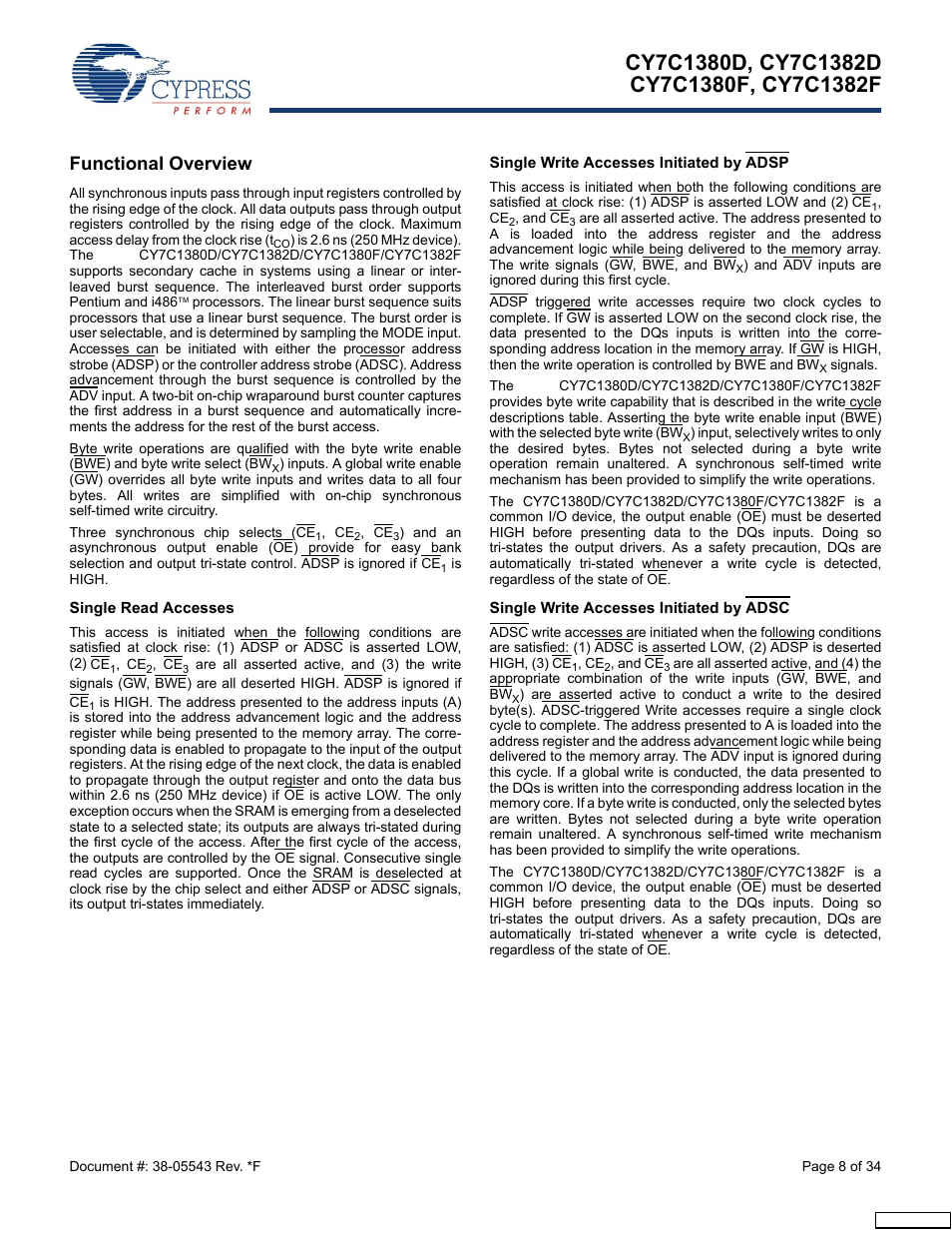 Functional overview, Single read accesses, Single write accesses initiated by adsp | Single write accesses initiated by adsc | Cypress Perform CY7C1380F User Manual | Page 8 / 34