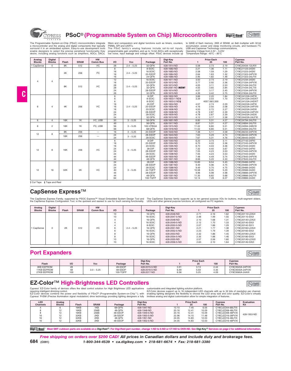 Psoc, Ez-color ™ high-brightness led controllers, Port expanders | Cypress CapSense CY3210 User Manual | Page 2 / 6