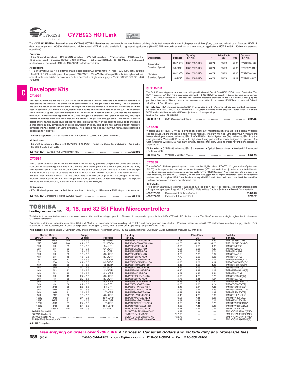 Developer kits, Cy7b923 hotlink | Cypress CapSense CY3210 User Manual | Page 6 / 6