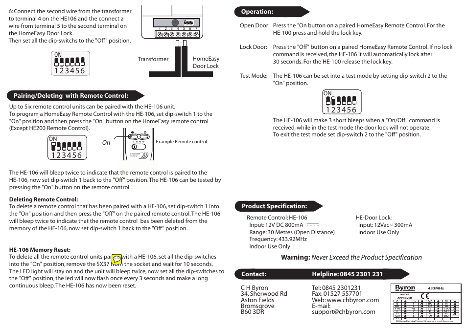 He-106 28-09-10 p2, Warning: never exceed the product specification | Home Easy HE106 User Manual | Page 2 / 2