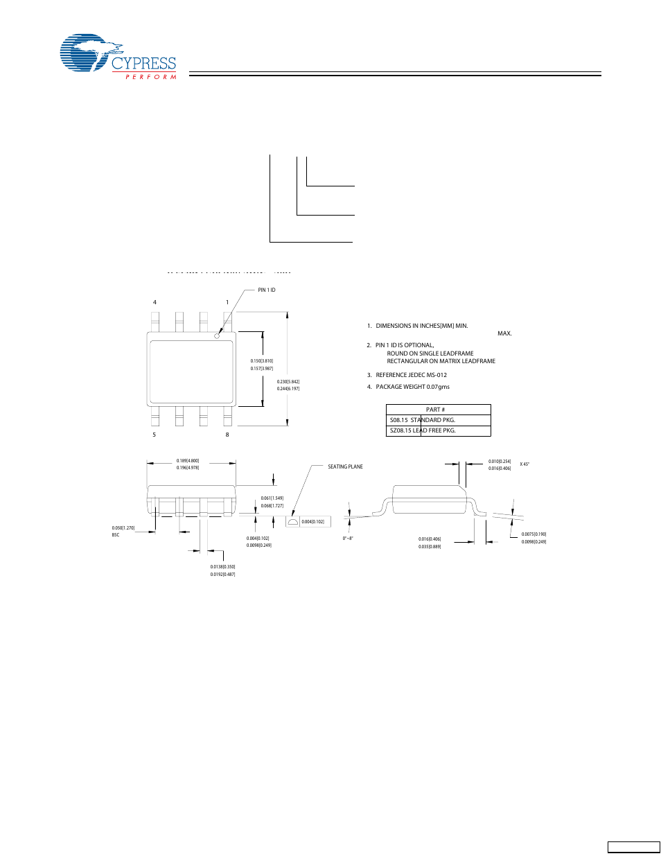 Fs781 b s, Marking example package drawing and dimensions, Lead (150-mil) soic s8 | Cypress FS782 User Manual | Page 10 / 12