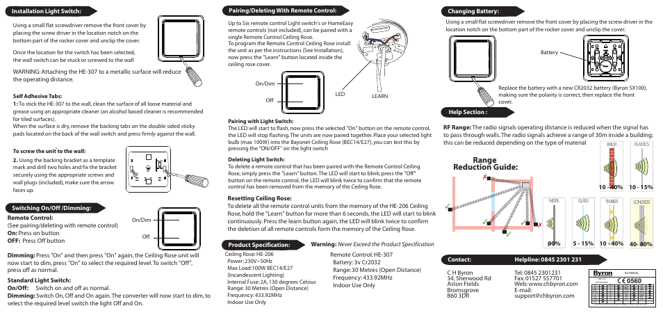 Range reduction guide, Changing battery | Home Easy HE208 User Manual | Page 2 / 2