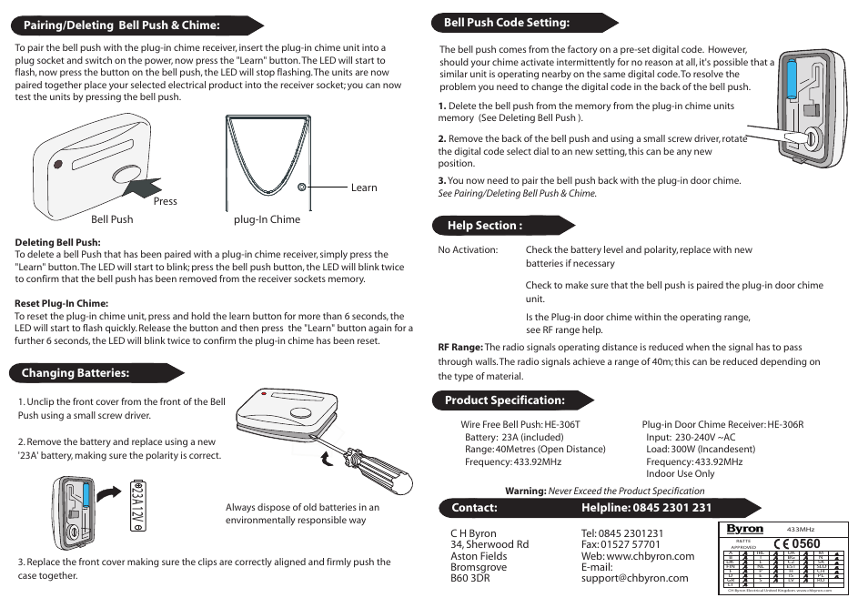 23a 12v, Contact details, Product specification | Pairing/deleting bell push & chime, Bell push code setting | Home Easy HE306 User Manual | Page 2 / 2