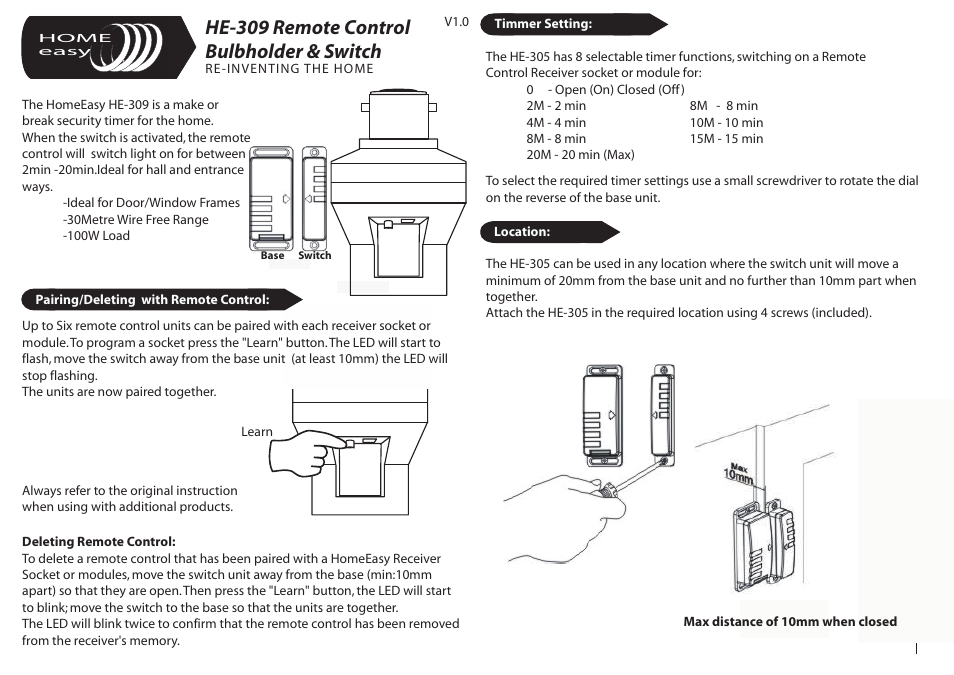 Home Easy HE309 User Manual | 2 pages