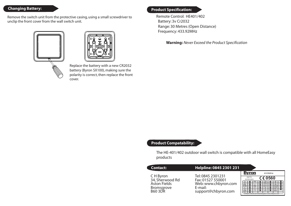 Changing battery | Home Easy HE402 User Manual | Page 2 / 2