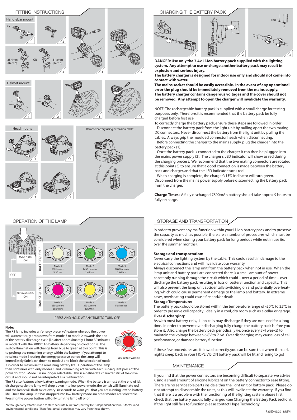 Storage and transportation maintenance, Fitting instructions, Charging the battery pack | Operation of the lamp | Hope Tech R8 LED User Manual | Page 2 / 2