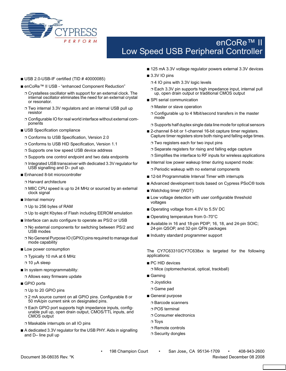 Cypress enCoRe CY7C63310 User Manual | 83 pages