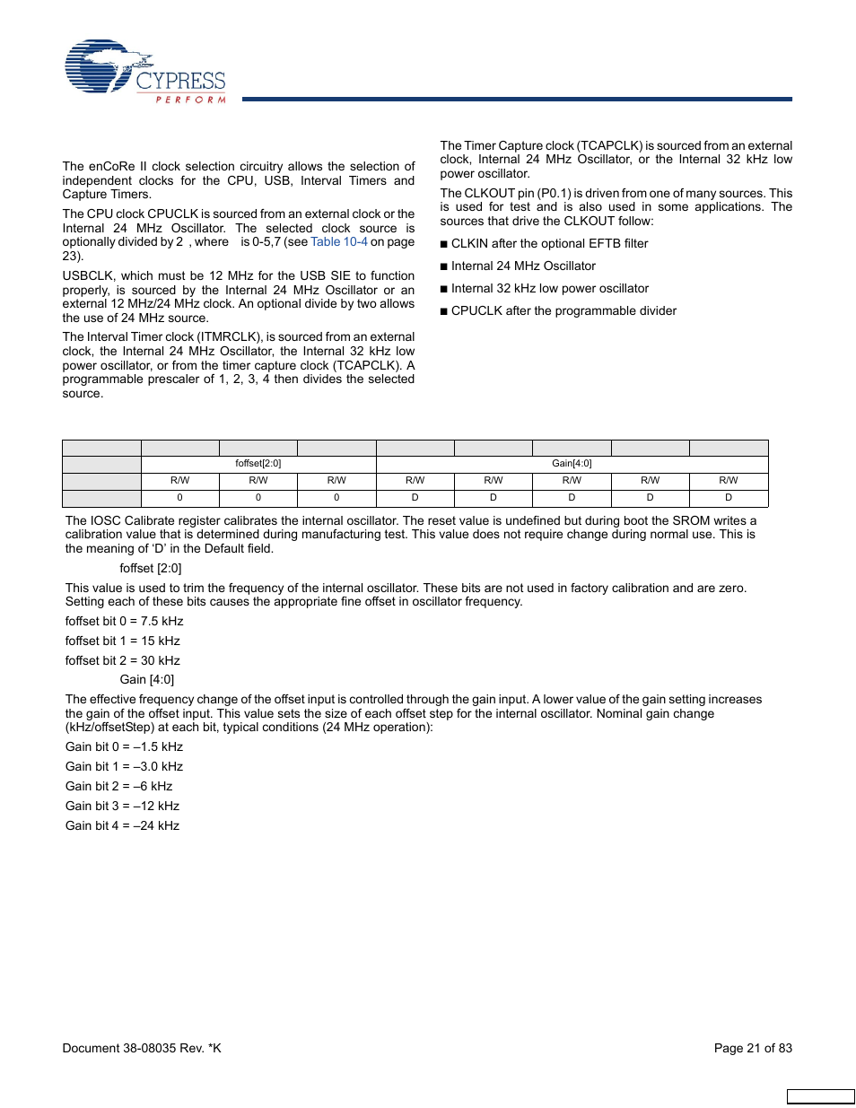 1 clock architecture description | Cypress enCoRe CY7C63310 User Manual | Page 21 / 83