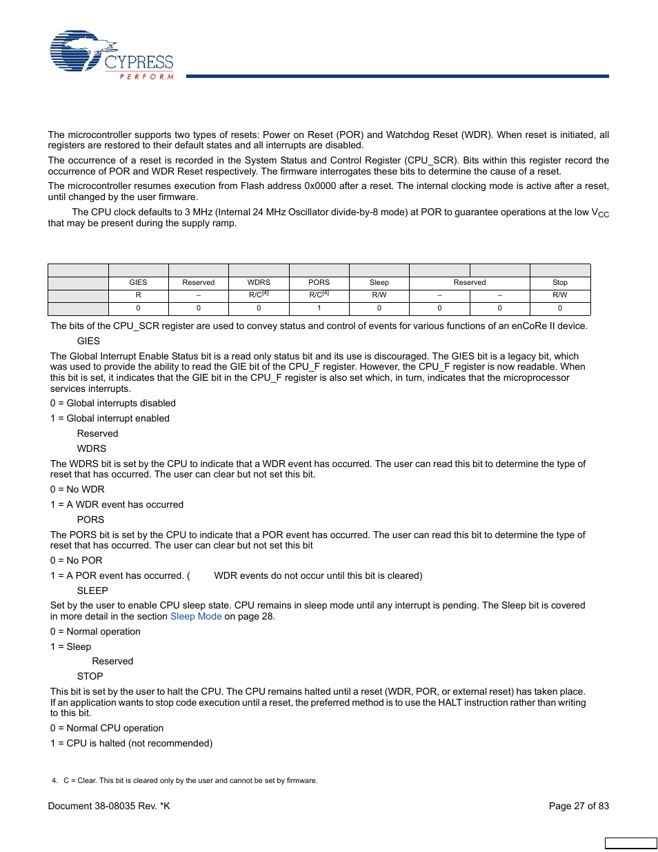 Reset, Table 11-1 | Cypress enCoRe CY7C63310 User Manual | Page 27 / 83