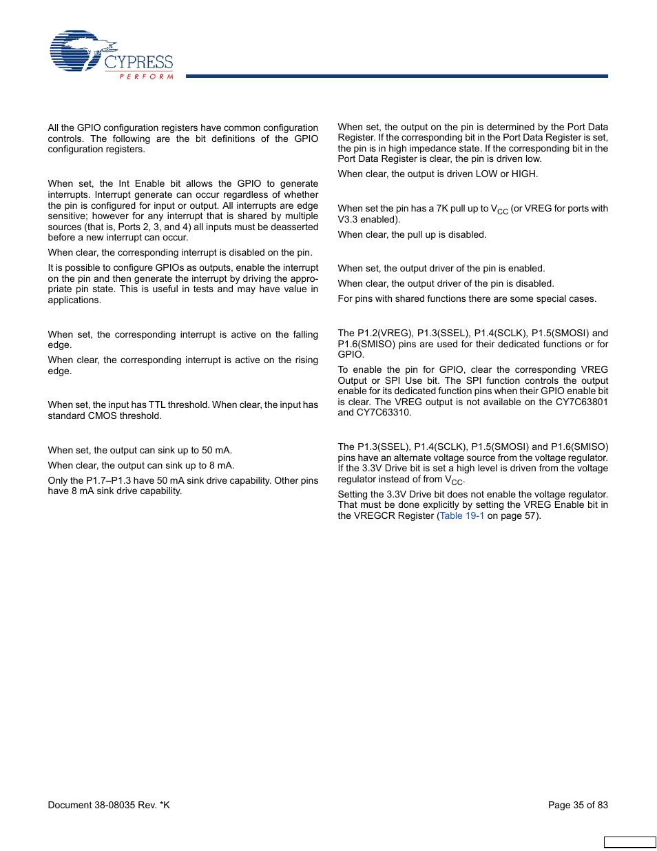 2 gpio port configuration, 1 int enable, 2 int act low | 3 ttl thresh, 4 high sink, 5 open drain, 6 pull up enable, 7 output enable, 8 vreg output/spi use, 9 3.3v drive | Cypress enCoRe CY7C63310 User Manual | Page 35 / 83