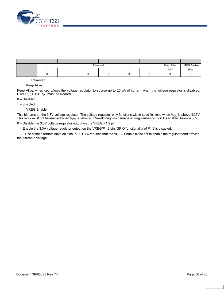 Regulator output, 1 vreg control | Cypress enCoRe CY7C63310 User Manual | Page 56 / 83