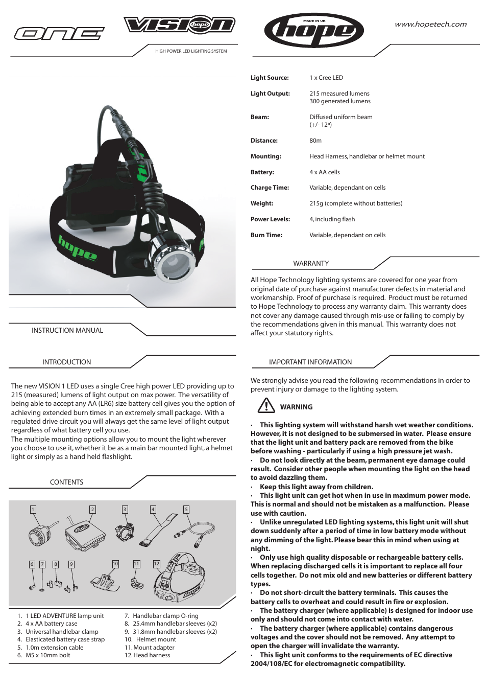 Hope Tech 1 LED Adventure Headlight User Manual | 2 pages