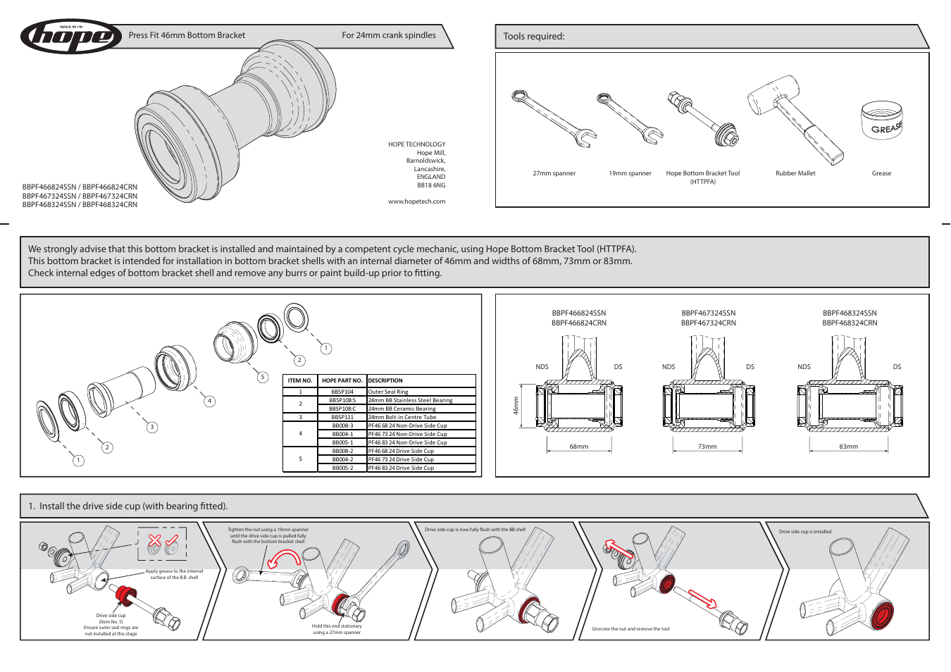 Hope Tech Press-Fit PF46 Bottom Bracket User Manual | 2 pages