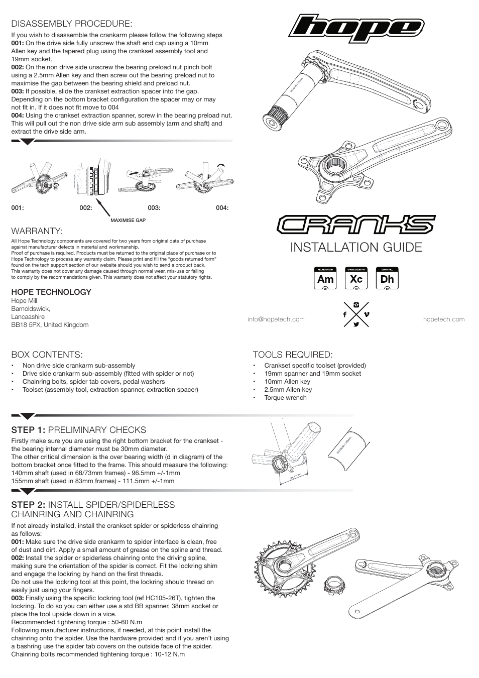 Hope Tech Crankset User Manual | 2 pages