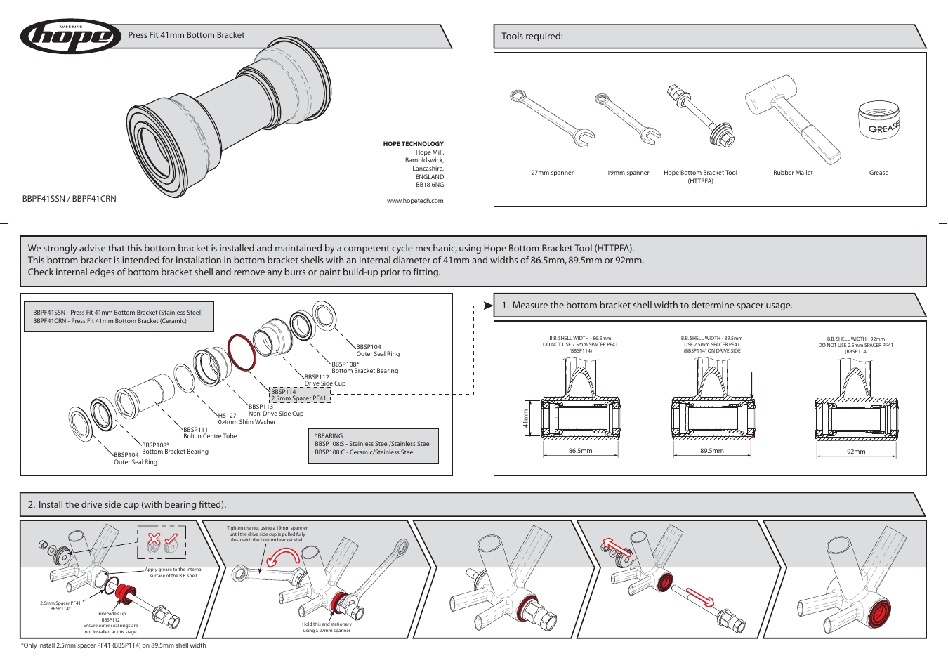 Hope Tech Press-Fit PF41 Bottom Bracket User Manual | 2 pages
