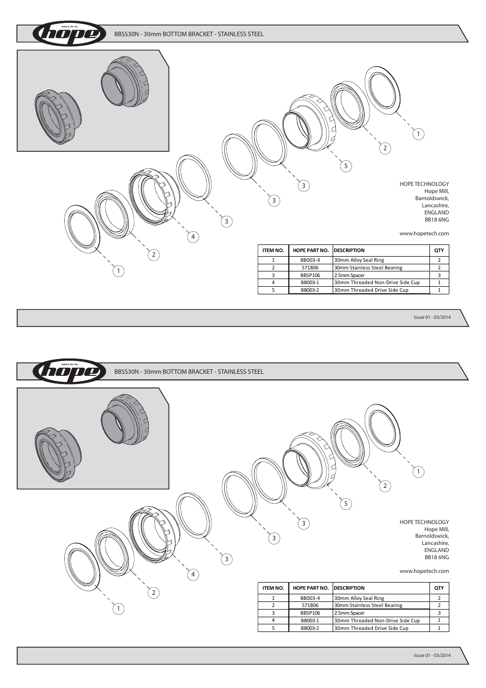 Hope Tech Bottom Bracket 30mm (Threaded) User Manual | 2 pages