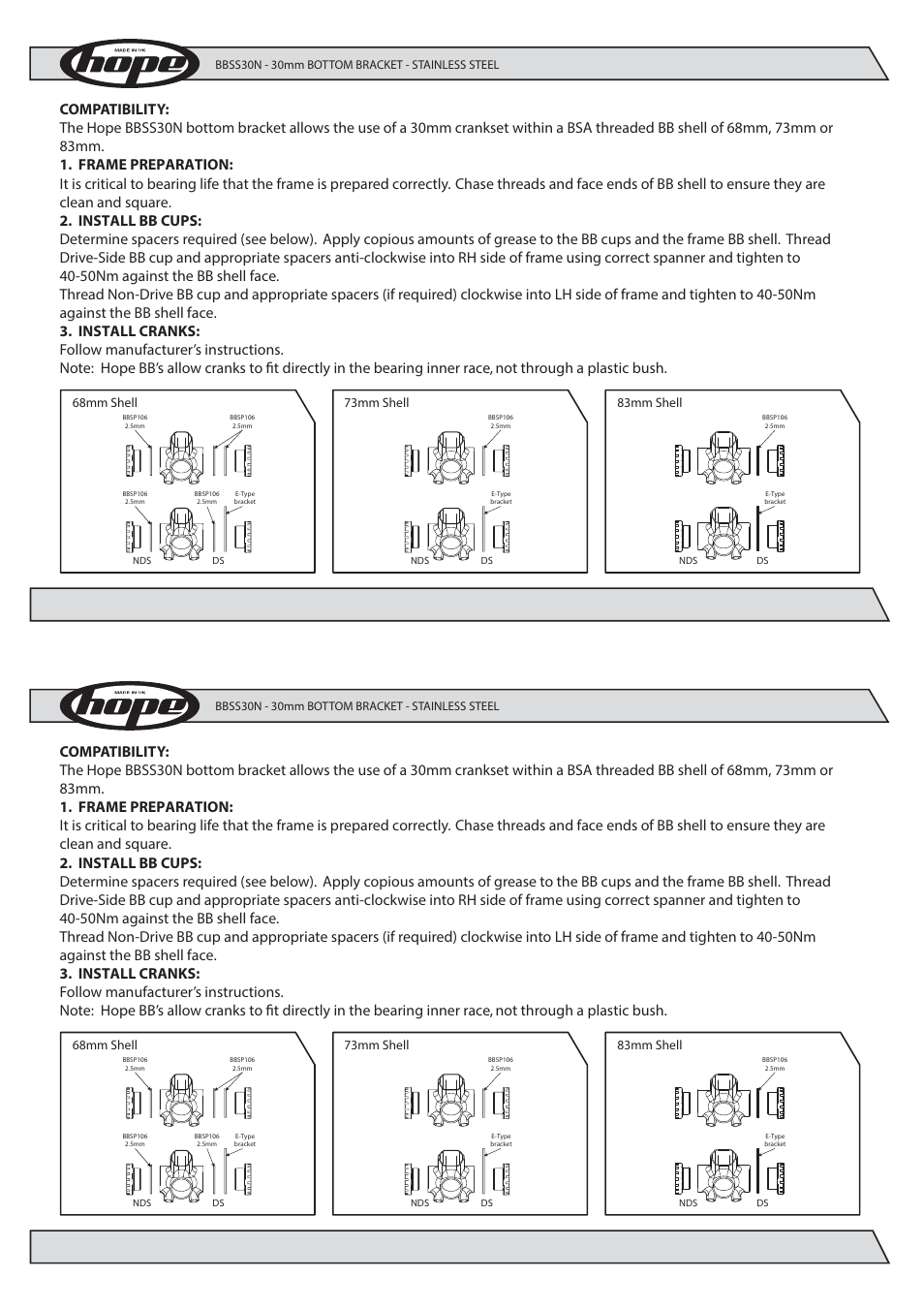Hope Tech Bottom Bracket 30mm (Threaded) User Manual | Page 2 / 2