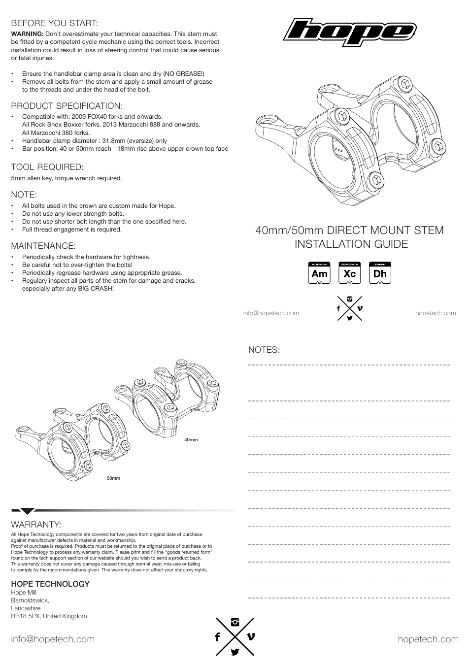 Hope Tech Direct Mount stem User Manual | 2 pages