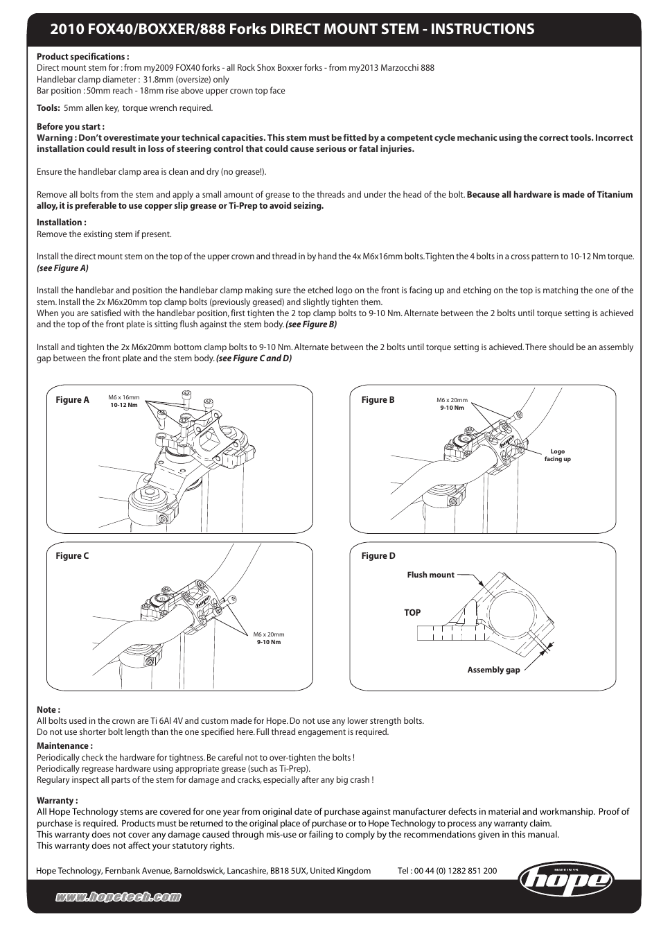 Hope Tech Direct Mount stem User Manual | 1 page