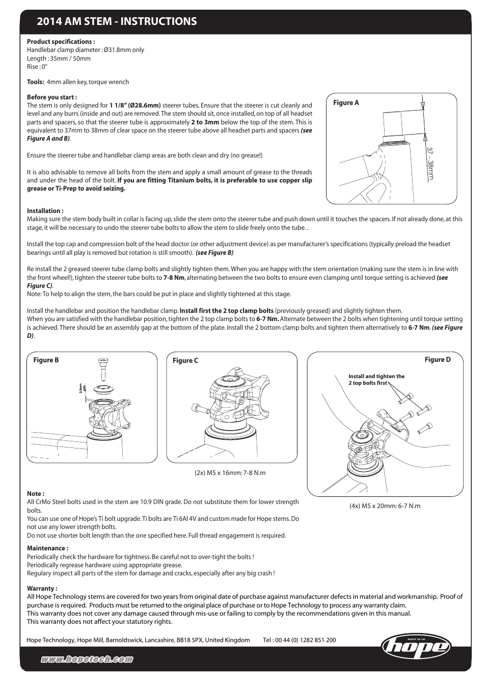 Hope Tech AM/Freeride Stem User Manual | 1 page