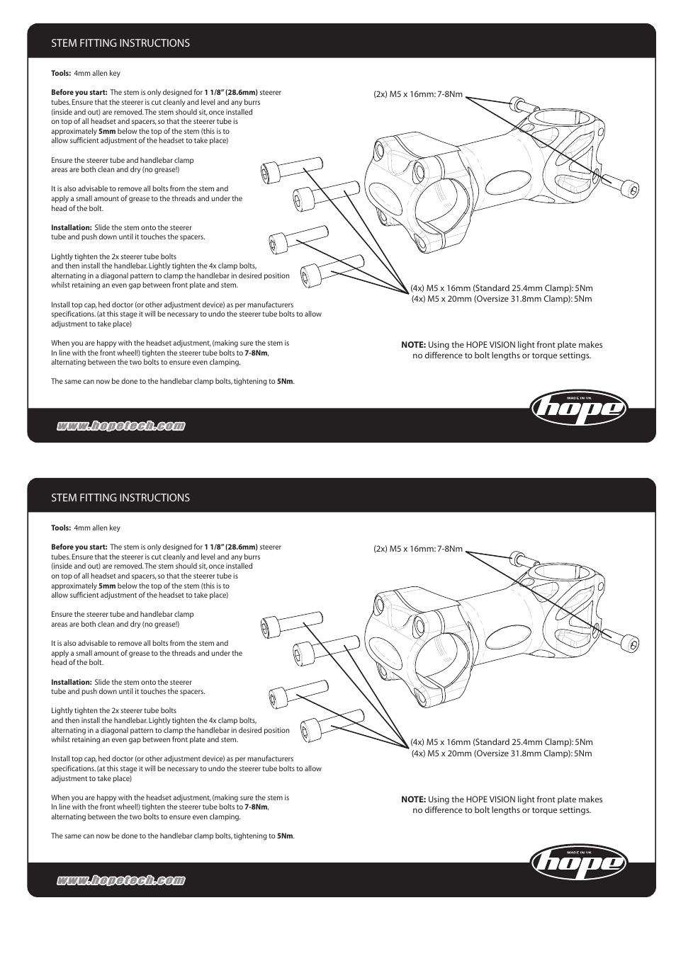 Hope Tech XC Stem User Manual | 1 page