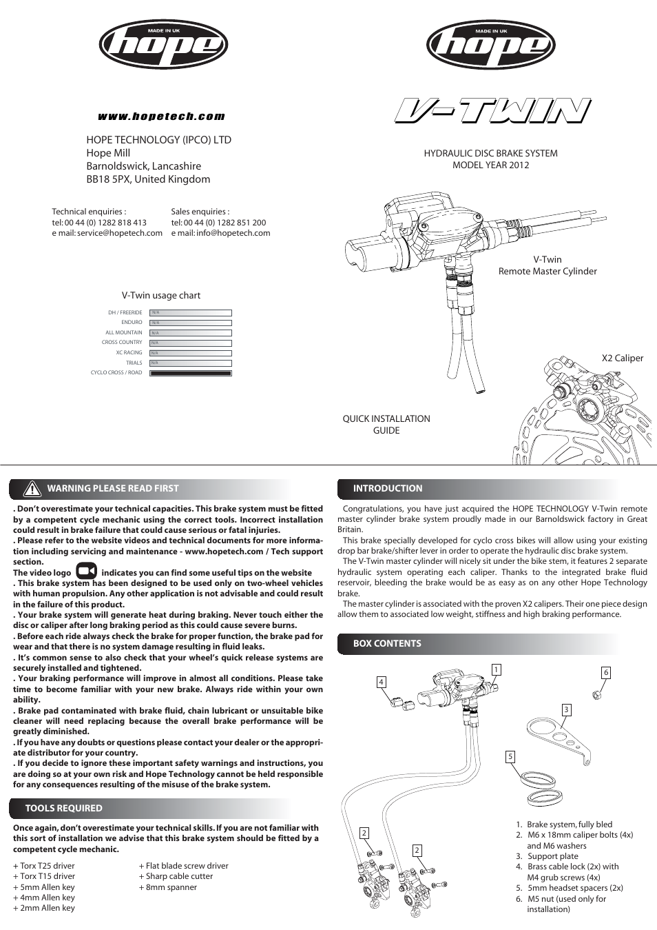 Hope Tech V-Twin Brake User Manual | 2 pages