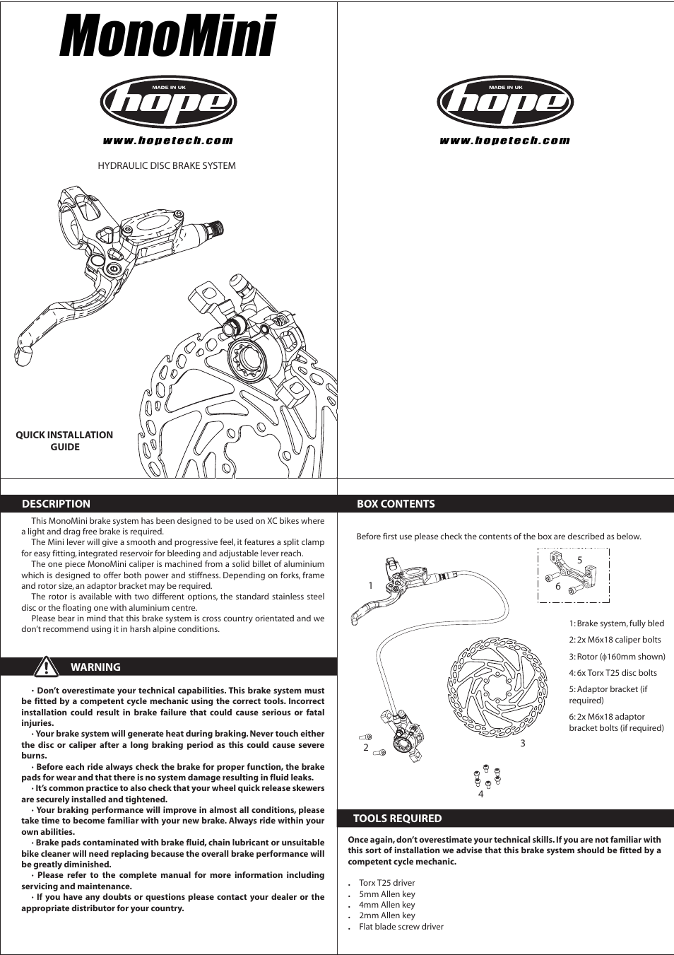 Hope Tech Mono Mini Brake User Manual | 2 pages