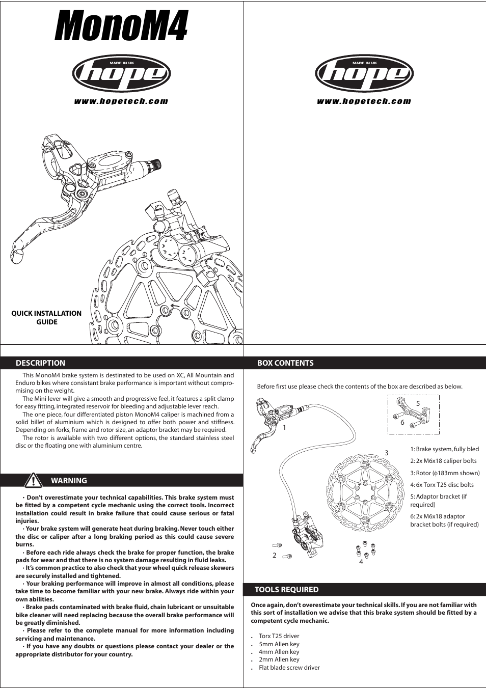 Hope Tech Mono M4 Brake User Manual | 2 pages
