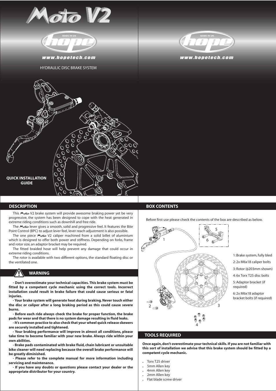 Hope Tech Moto V2 Brake User Manual | 2 pages