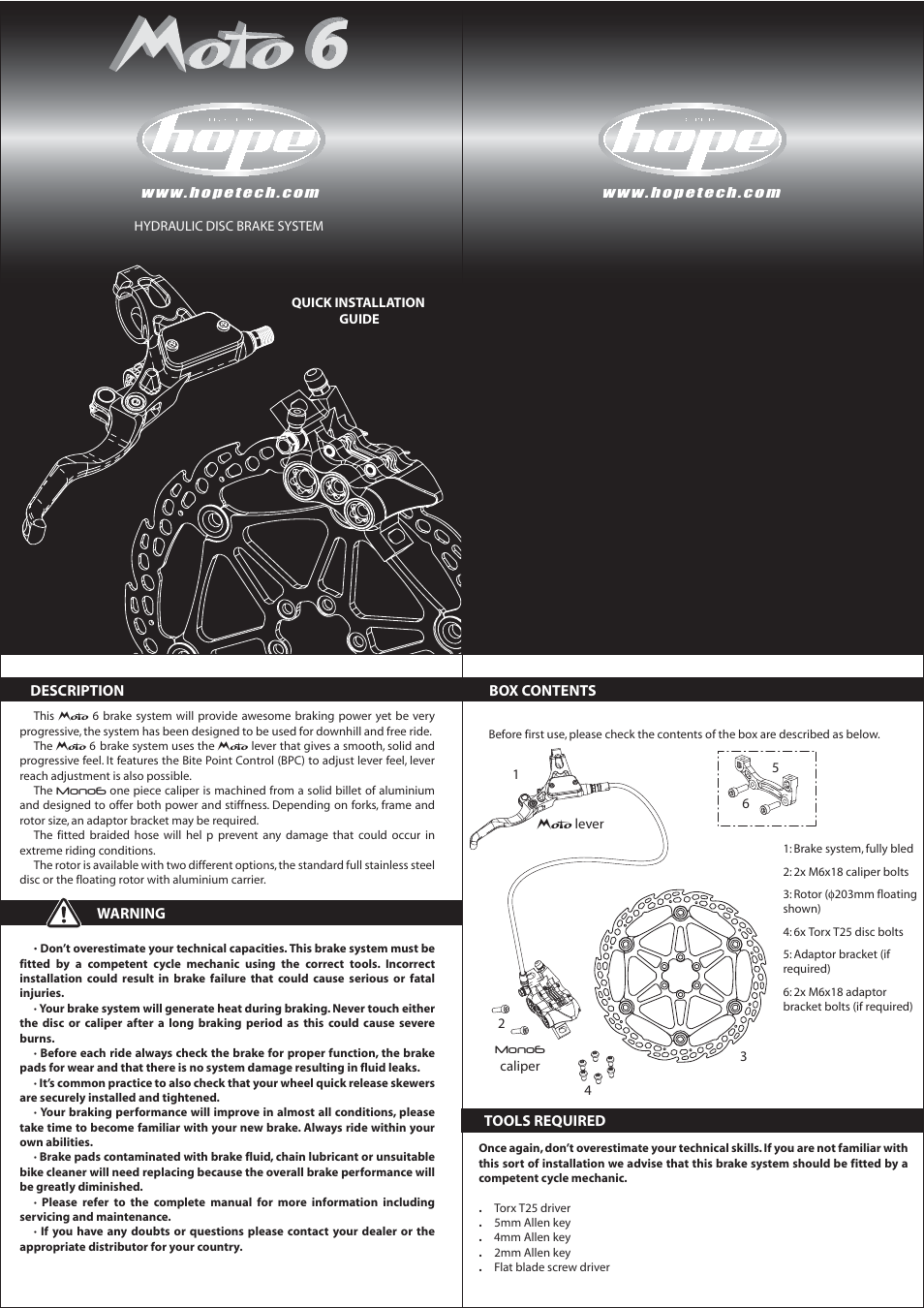 Hope Tech Moto M6 Brake User Manual | 2 pages