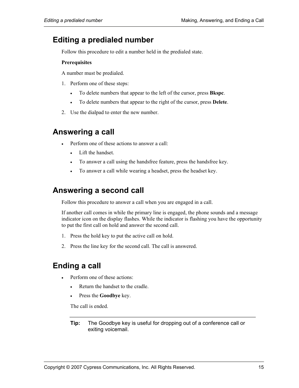 Editing a predialed number, Answering a call, Answering a second call | Ending a call | Cypress 1120 User Manual | Page 15 / 39