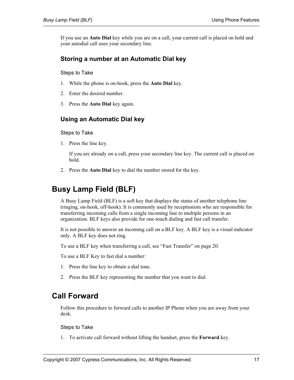 Storing a number at an automatic dial key, Steps to take, Using an automatic dial key | Busy lamp field (blf), Call forward | Cypress 1120 User Manual | Page 17 / 39
