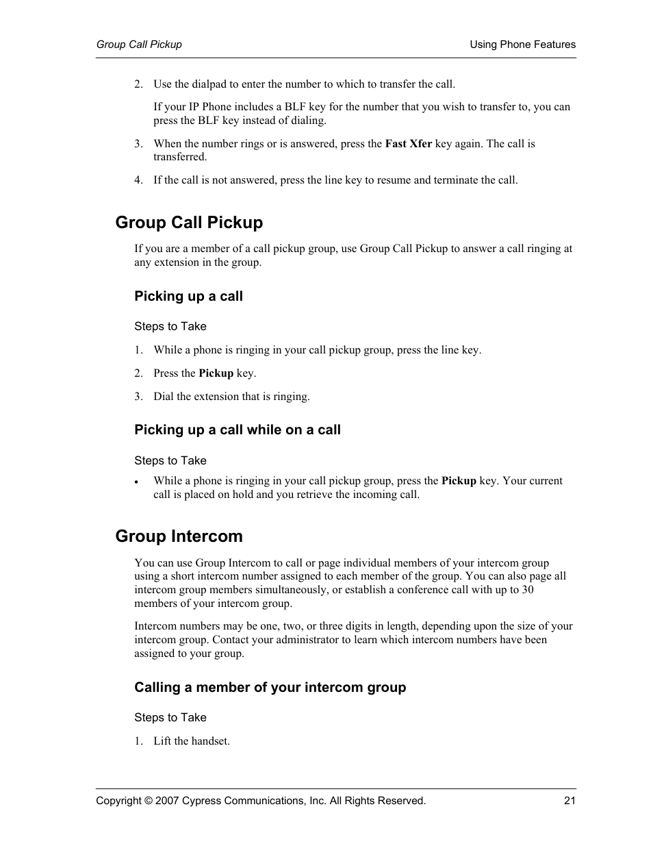 Group call pickup, Picking up a call, Steps to take | Picking up a call while on a call, Group intercom, Calling a member of your intercom group | Cypress 1120 User Manual | Page 21 / 39