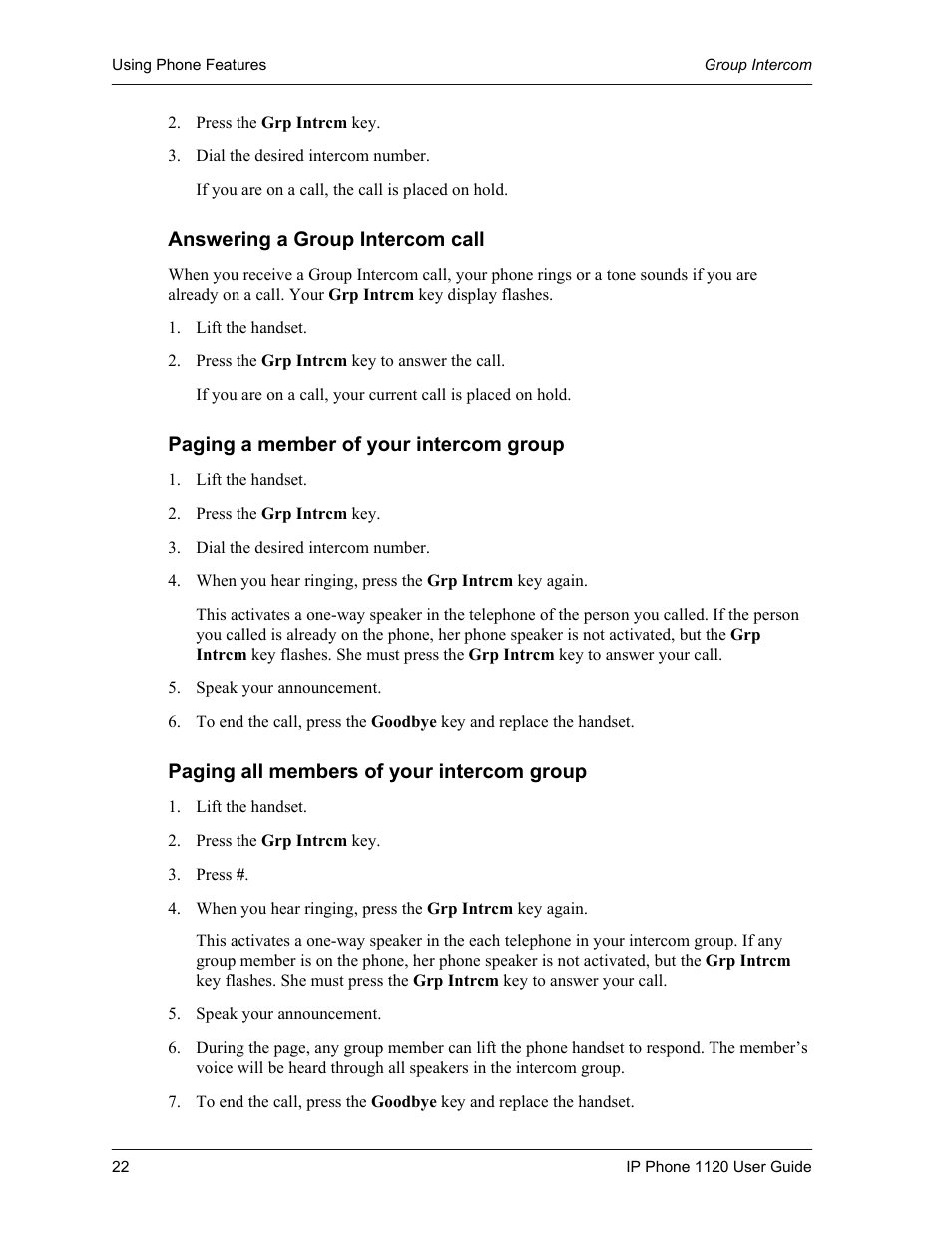 Answering a group intercom call, Paging a member of your intercom group, Paging all members of your intercom group | Cypress 1120 User Manual | Page 22 / 39