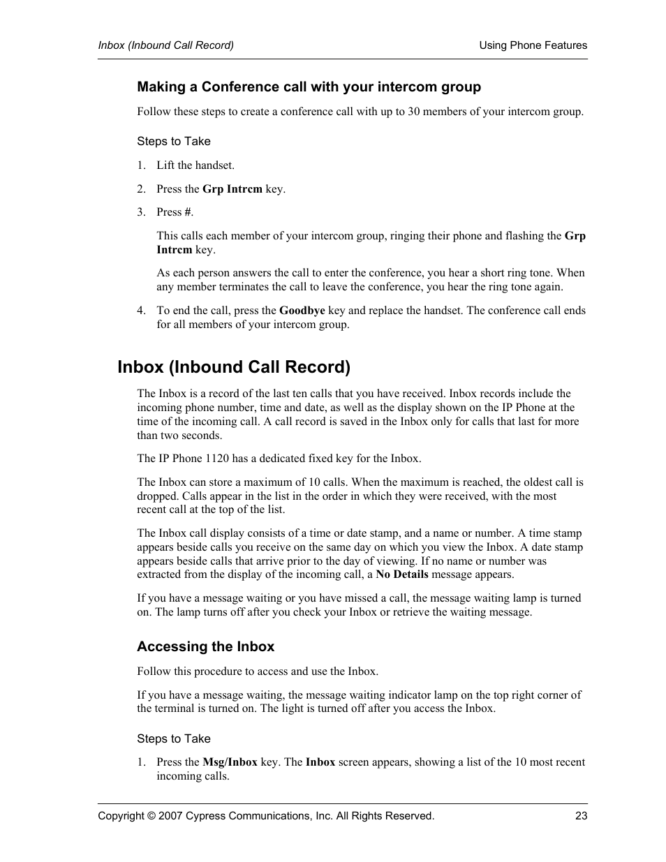 Making a conference call with your intercom group, Steps to take, Inbox (inbound call record) | Accessing the inbox | Cypress 1120 User Manual | Page 23 / 39