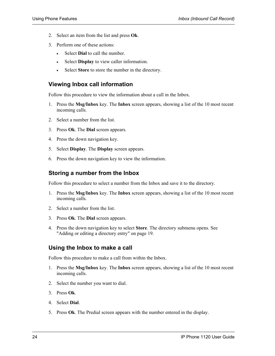 Viewing inbox call information, Storing a number from the inbox, Using the inbox to make a call | Cypress 1120 User Manual | Page 24 / 39