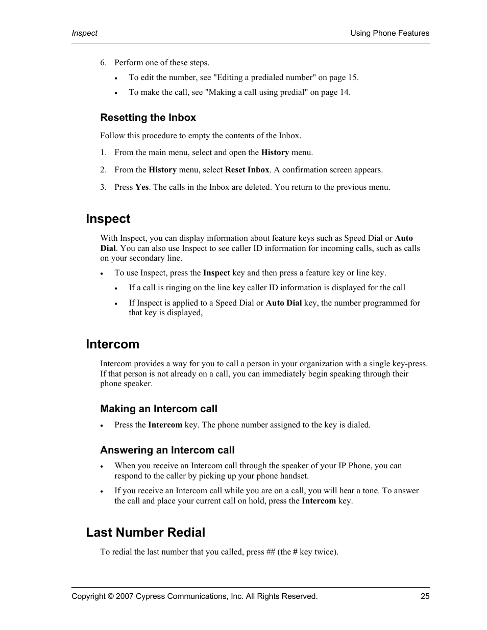 Resetting the inbox, Inspect, Intercom | Making an intercom call, Answering an intercom call, Last number redial | Cypress 1120 User Manual | Page 25 / 39