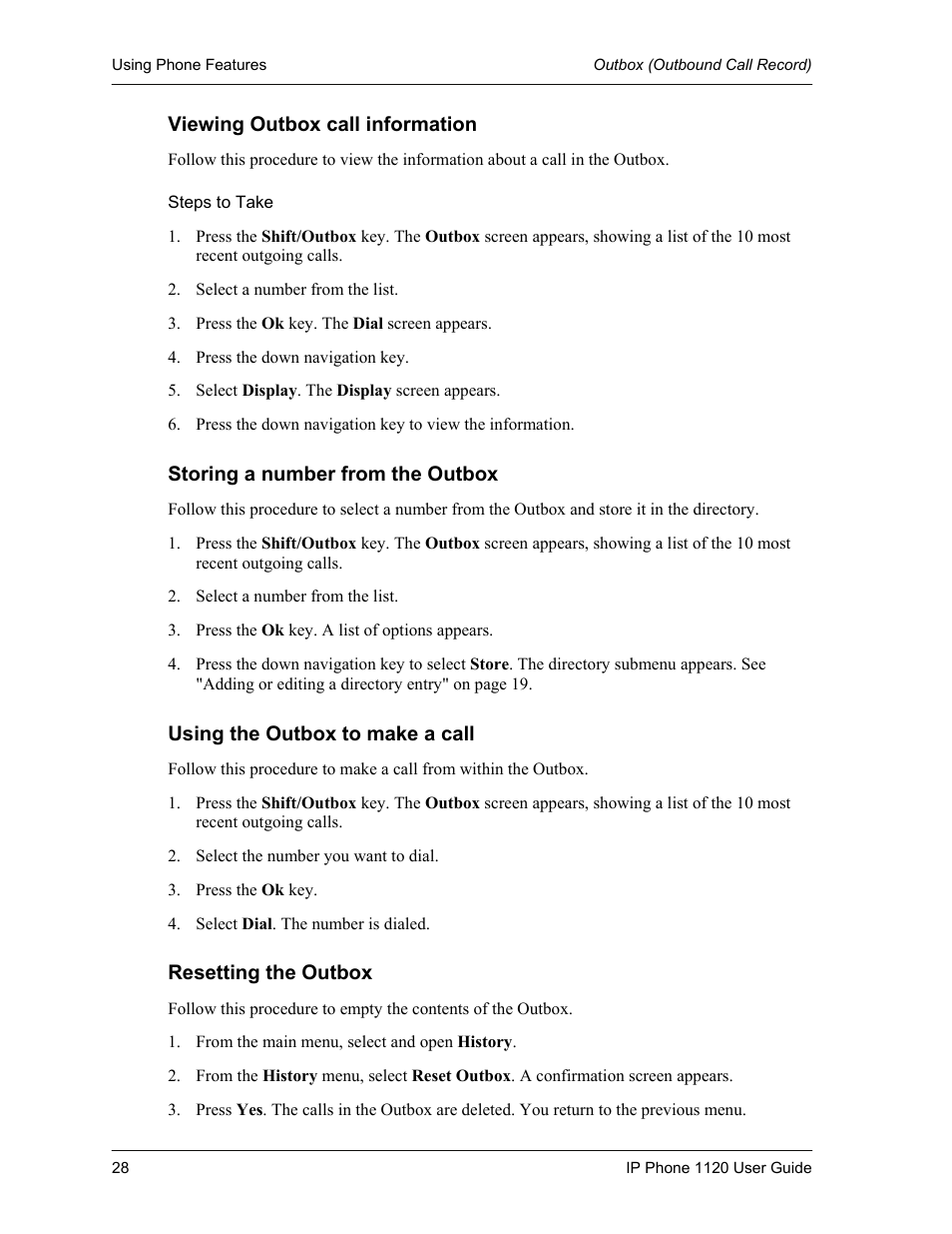 Viewing outbox call information, Steps to take, Storing a number from the outbox | Using the outbox to make a call, Resetting the outbox | Cypress 1120 User Manual | Page 28 / 39