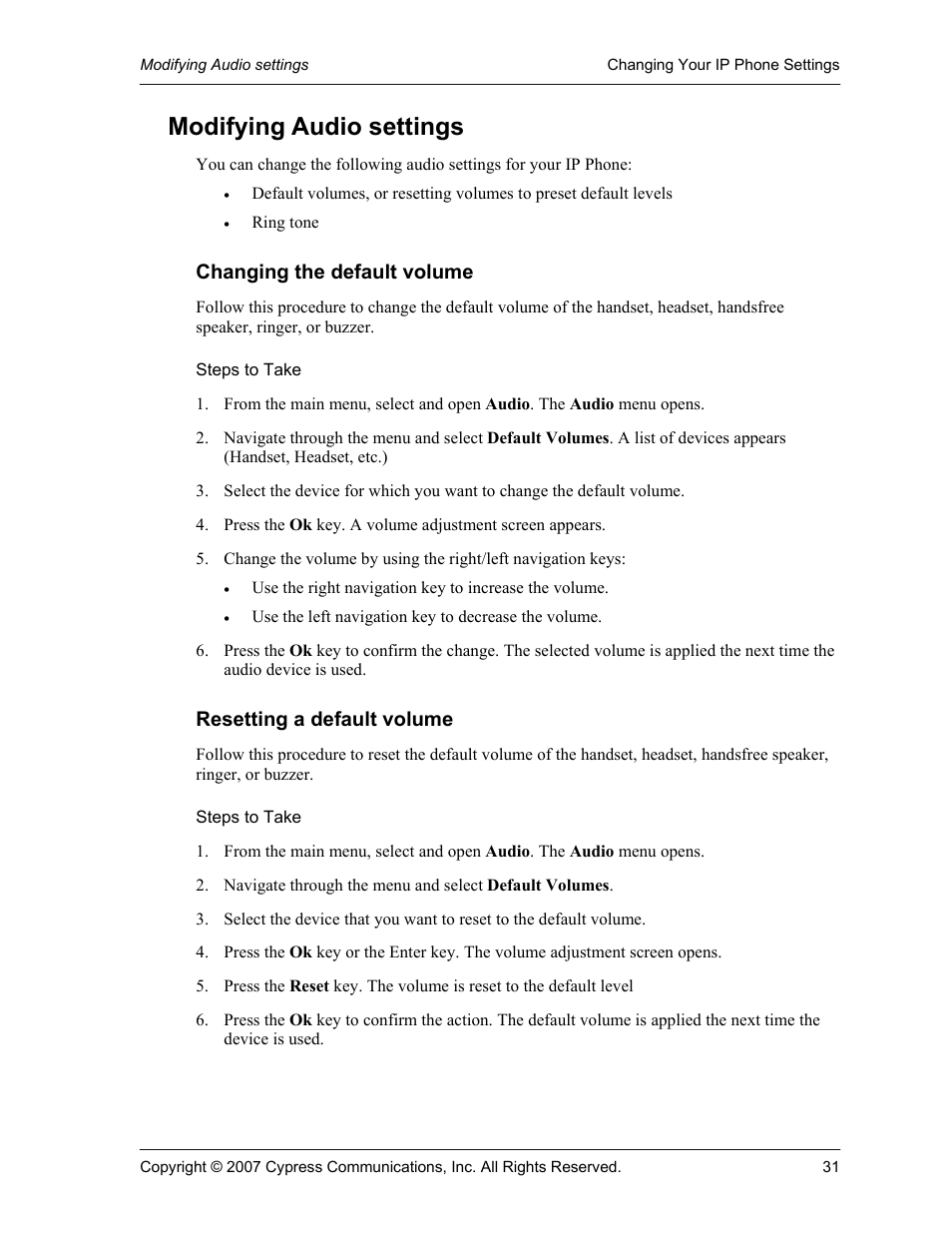 Modifying audio settings, Changing the default volume, Steps to take | Resetting a default volume | Cypress 1120 User Manual | Page 31 / 39