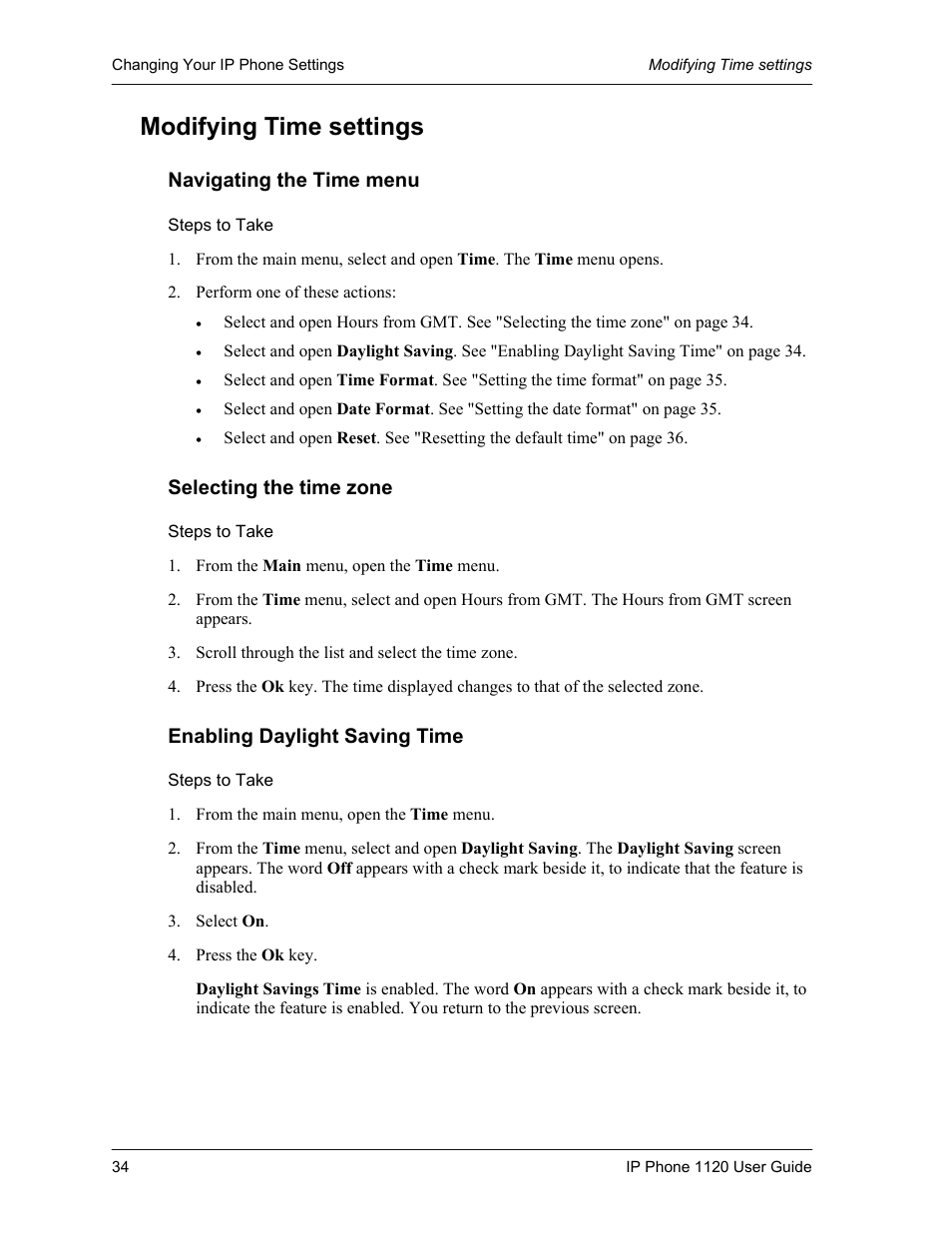 Modifying time settings, Navigating the time menu, Steps to take | Selecting the time zone, Enabling daylight saving time | Cypress 1120 User Manual | Page 34 / 39