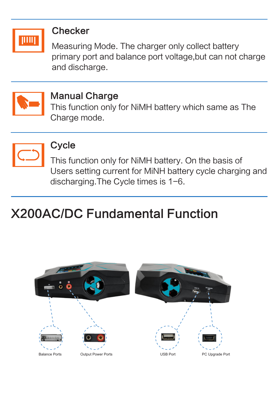 X200ac/dc fundamental function, Checker manual charge cycle | Imaxrc X200AC-DC User Manual | Page 7 / 39