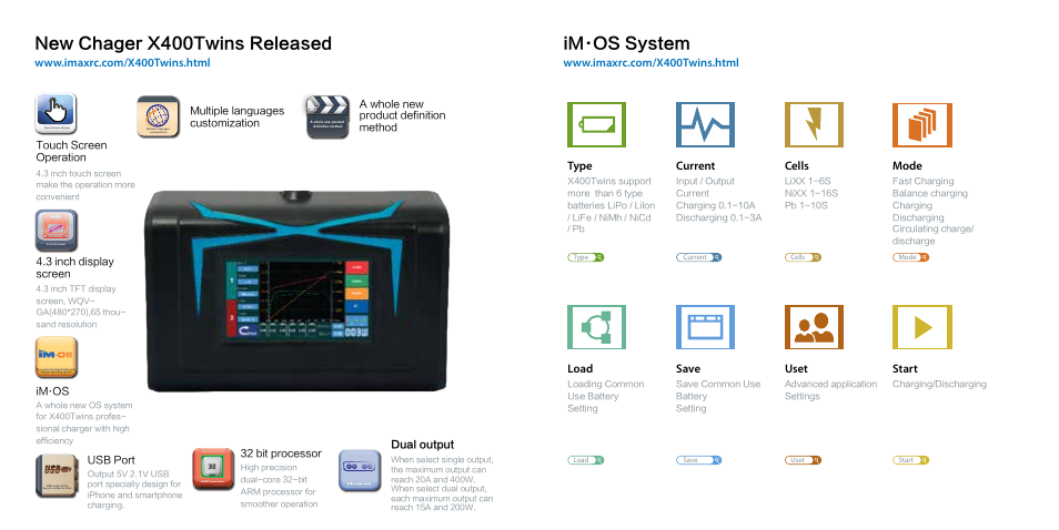 New chager x400twins released im·os system, Type load current save cells uset mode start, Im·os usb port 32 bit processor | Multiple languages customization, A whole new product definition method, Touch screen operation, 3 inch display screen, Dual output | Imaxrc X400 twins User Manual | Page 3 / 24