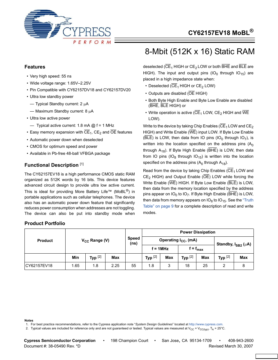 Cypress CY62157EV18 User Manual | 12 pages