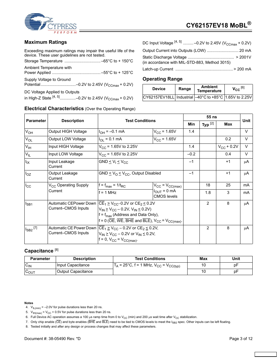 Maximum ratings, Operating range, Electrical characteristics | Capacitance | Cypress CY62157EV18 User Manual | Page 3 / 12