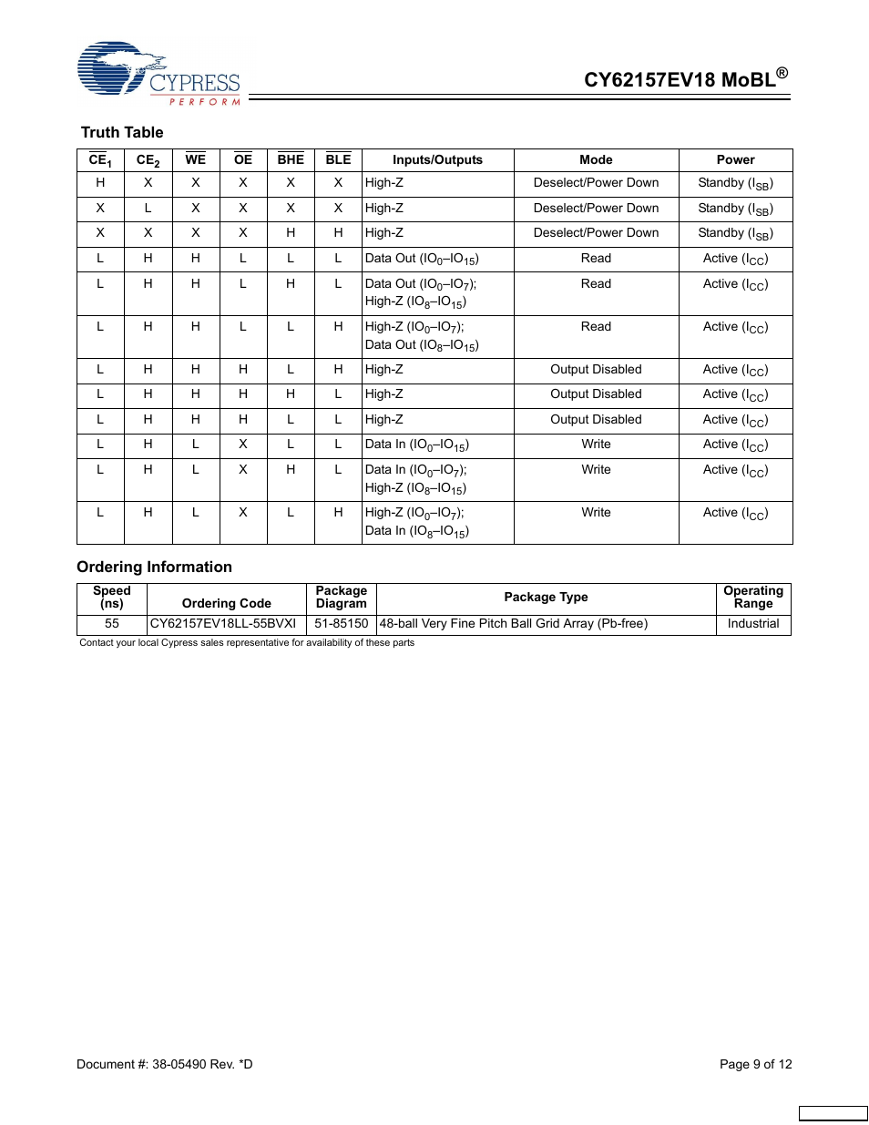 See the, Truth, For a comple | Cypress CY62157EV18 User Manual | Page 9 / 12