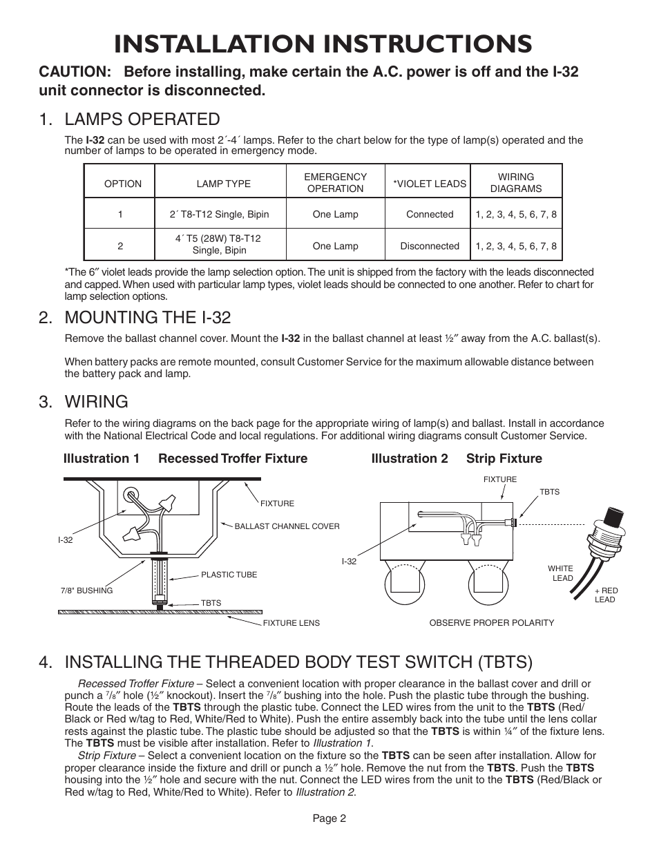 Installation instructions, Installing the threaded body test switch (tbts), Lamps operated | Mounting the i-32, Wiring | IOTA I-32 User Manual | Page 2 / 4