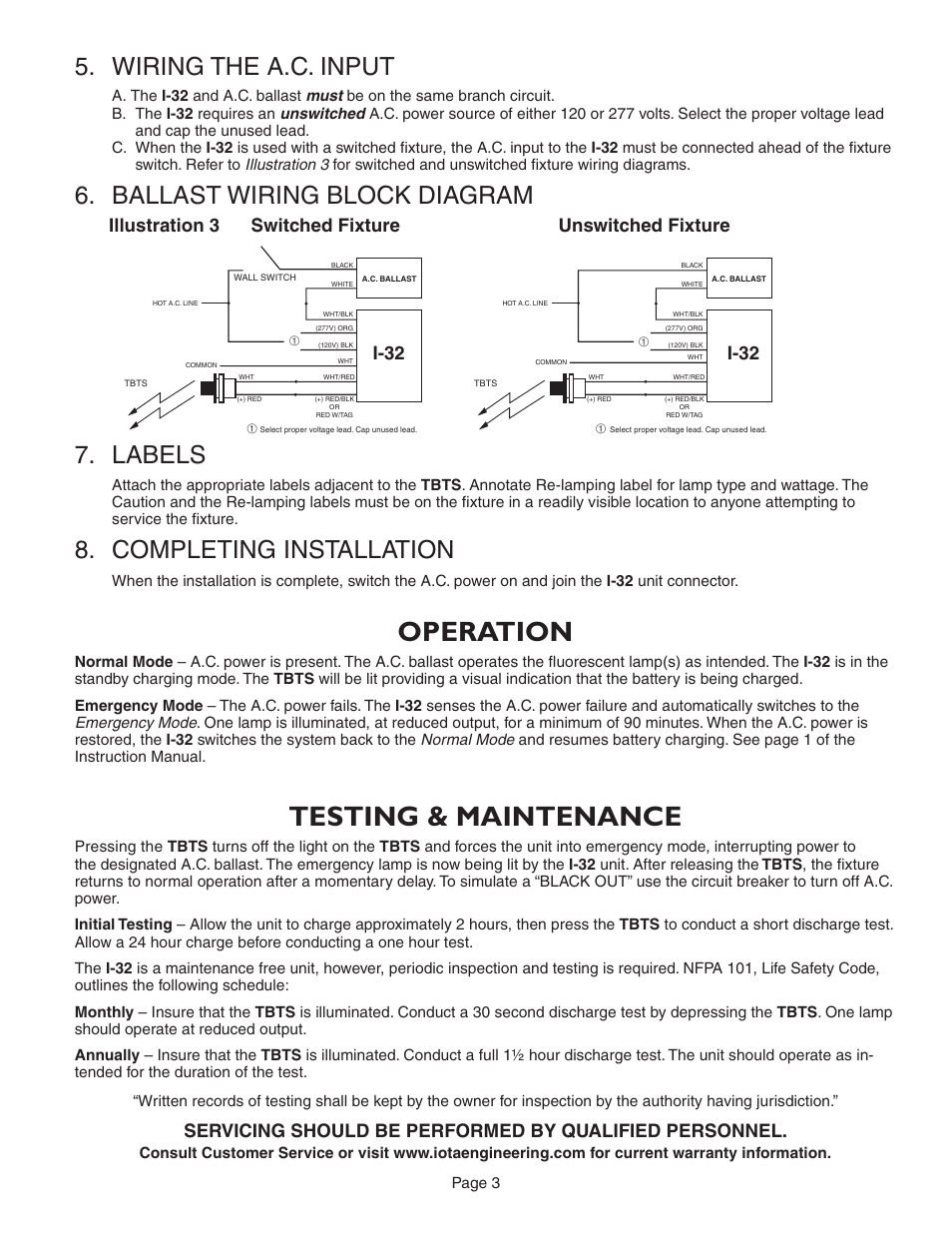 Operation, Testing & maintenance, Wiring the a.c. input | Ballast wiring block diagram 7. labels, Completing installation | IOTA I-32 User Manual | Page 3 / 4
