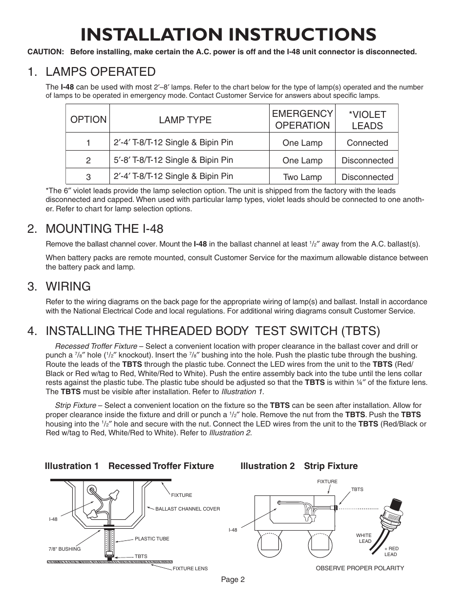 Installation instructions, Lamps operated, Mounting the i-48 | Wiring, Installing the threaded body test switch (tbts), Lamp type option, Emergency operation, Violet leads | IOTA I-48 User Manual | Page 2 / 4